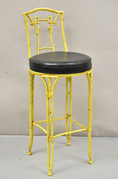 Vintage Chinese Chippendale Yellow Faux Bamboo Cast Aluminum Barstool Stool