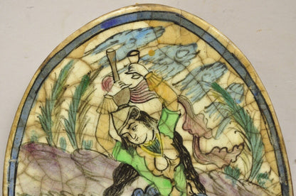 Antique Persian Iznik Qajar Style Ceramic Pottery Oval Tile Green Lady Dancer C3