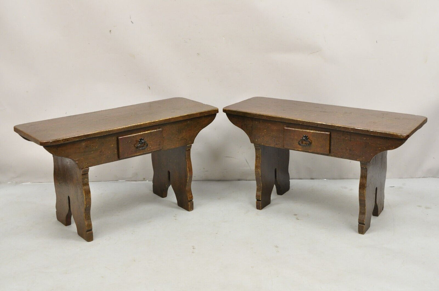 Antique French Country Farmhouse Pine Wood Low Side Table Bench w/ Drawer - Pair
