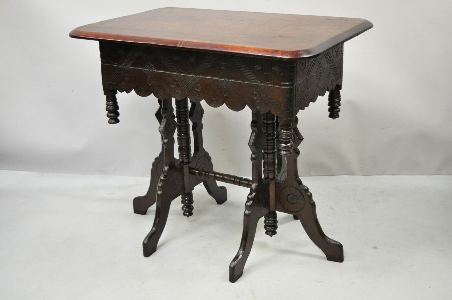 Antique Eastlake Victorian Aesthetic Movement Carved Walnut 6 Leg Parlor Table