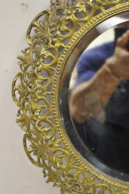 Antique French Renaissance Style Round Leafy Brass Frame Small Beveled Mirror