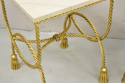 Italian Hollywood Regency Gold Gilt Iron Rope Tassel Marble Top Side Table Pair