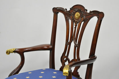 Set of 6 Maitland Smith Mahogany Chippendale Style Dining Chairs w/ Brass Ormolu