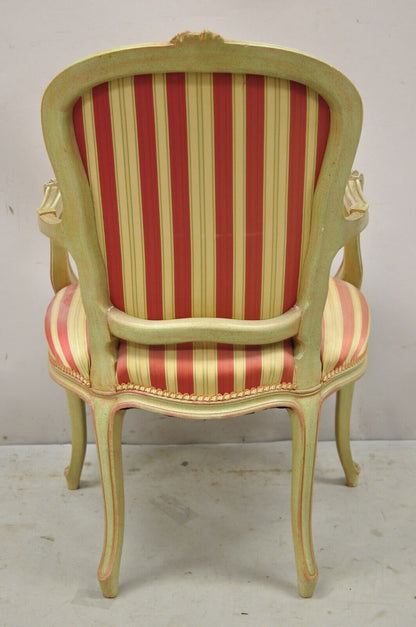 Vtg French Louis XV Style Green & Pink Painted Arm Chair Fauteuil Striped Fabric