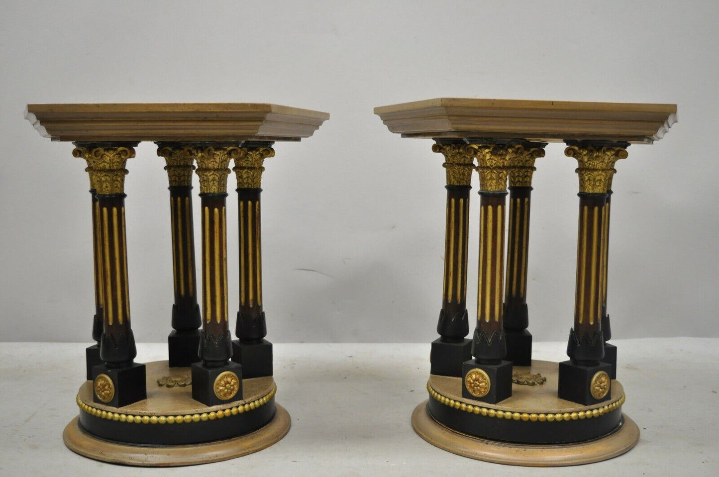 Pair Vintage French Empire Corinthian Column Glass Top Hexagon Small Side Tables