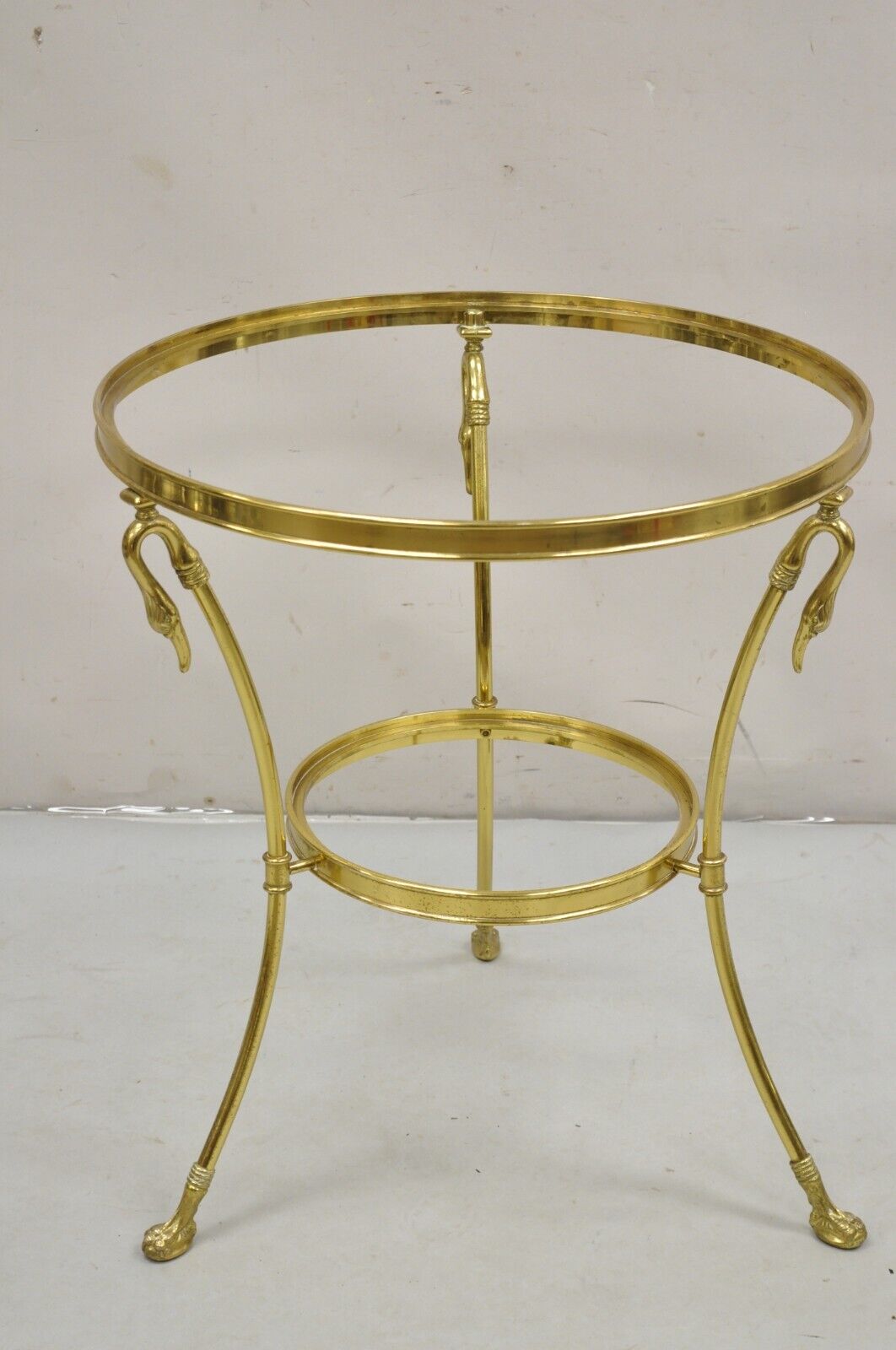 Italian Hollywood Regency Brass Swan Tripod 2 Tier Round Occasional Side Table