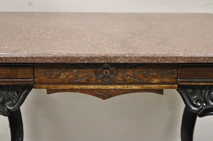 Antique Eastlake Victorian Marble Top Walnut Table with Cast Iron Legs