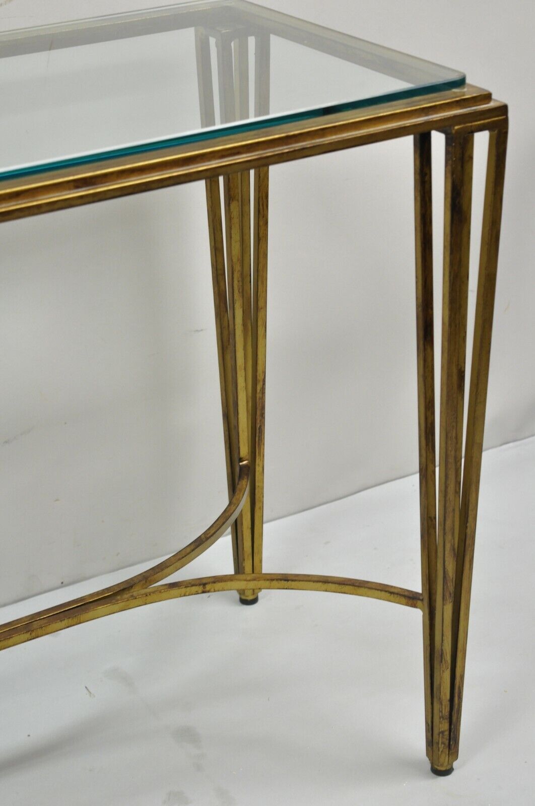 Italian Modern Gold Gilt Heavy Iron Base Glass Top 56" Console Sofa Hall Table