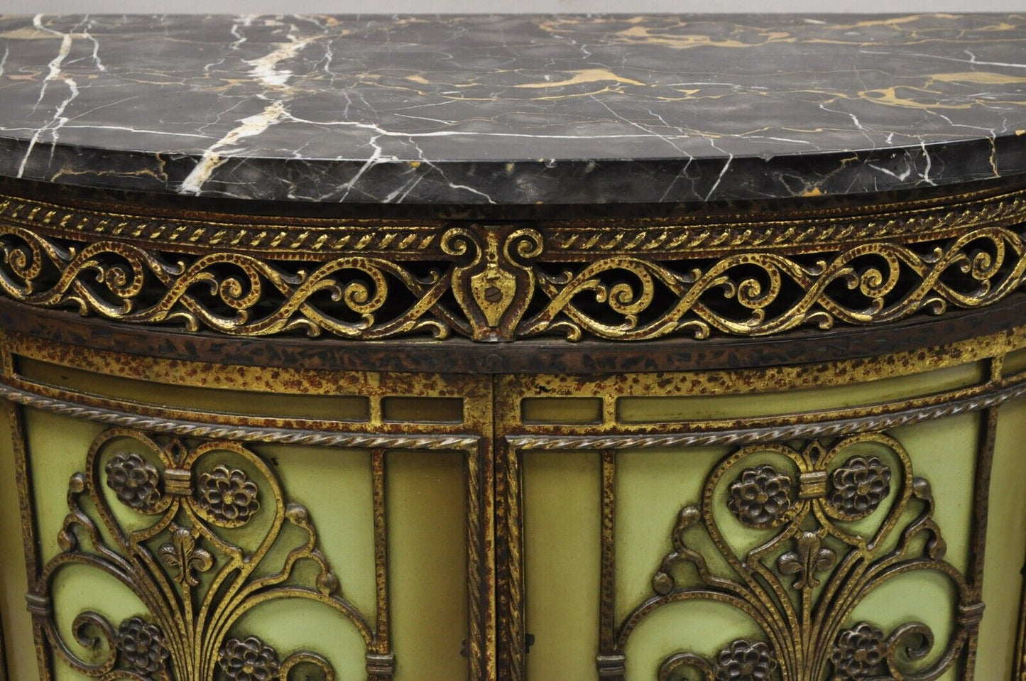 French Victorian Wrought Iron Oscar Bach Demilune Marble Top Console Cabinet