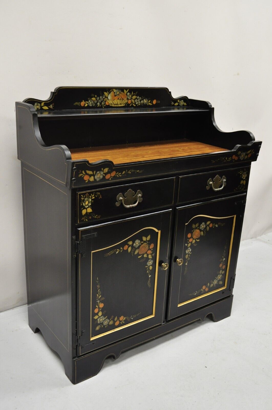 Ethan Allen Hitchcock Style Black Harvest Stencil Painted Drysink Server Cabinet