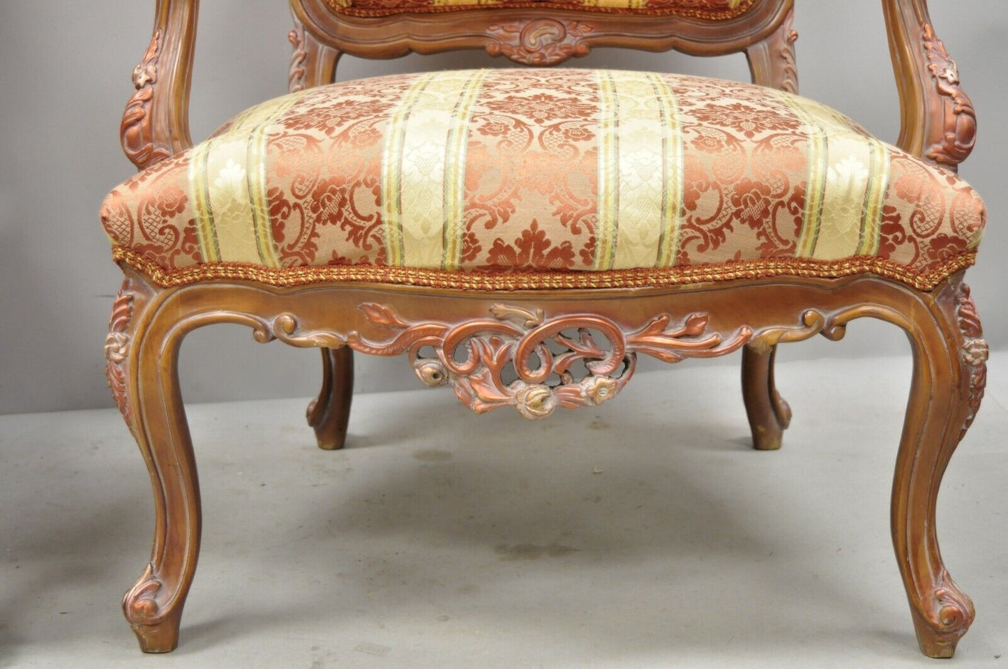 Pair of French Louis XV Style Repro Pink and Gold Bergere Lounge Arm Chairs