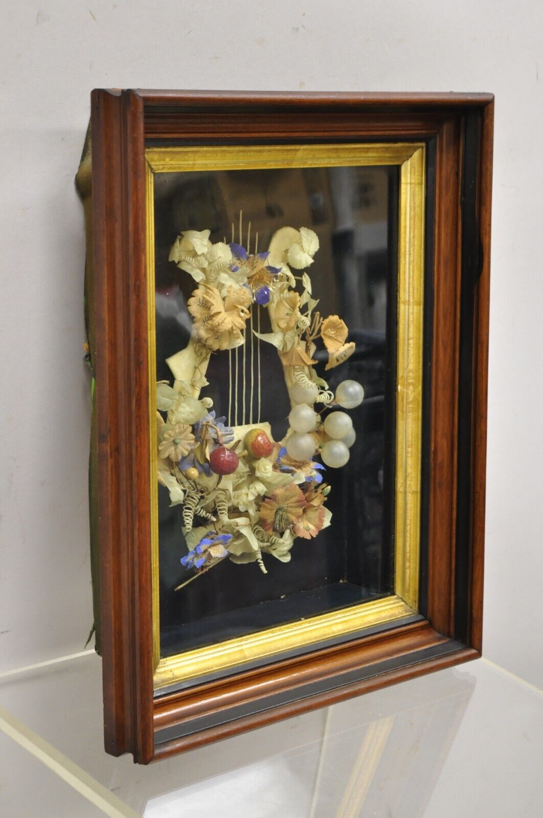 Antique Victorian Harp Design Flower Mourning Wreath Mahogany Shadow Box Frame