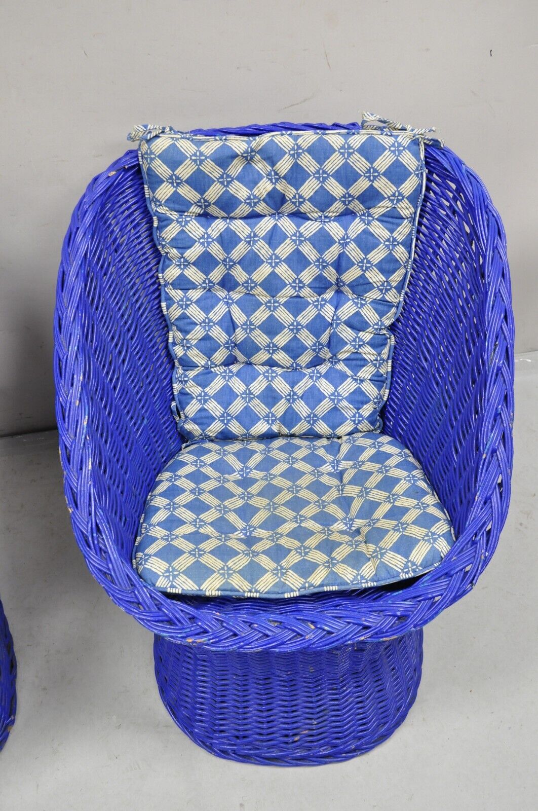 Vintage Mid Century Modern Blue Painted Wicker Rattan Pod Club Chairs - a Pair