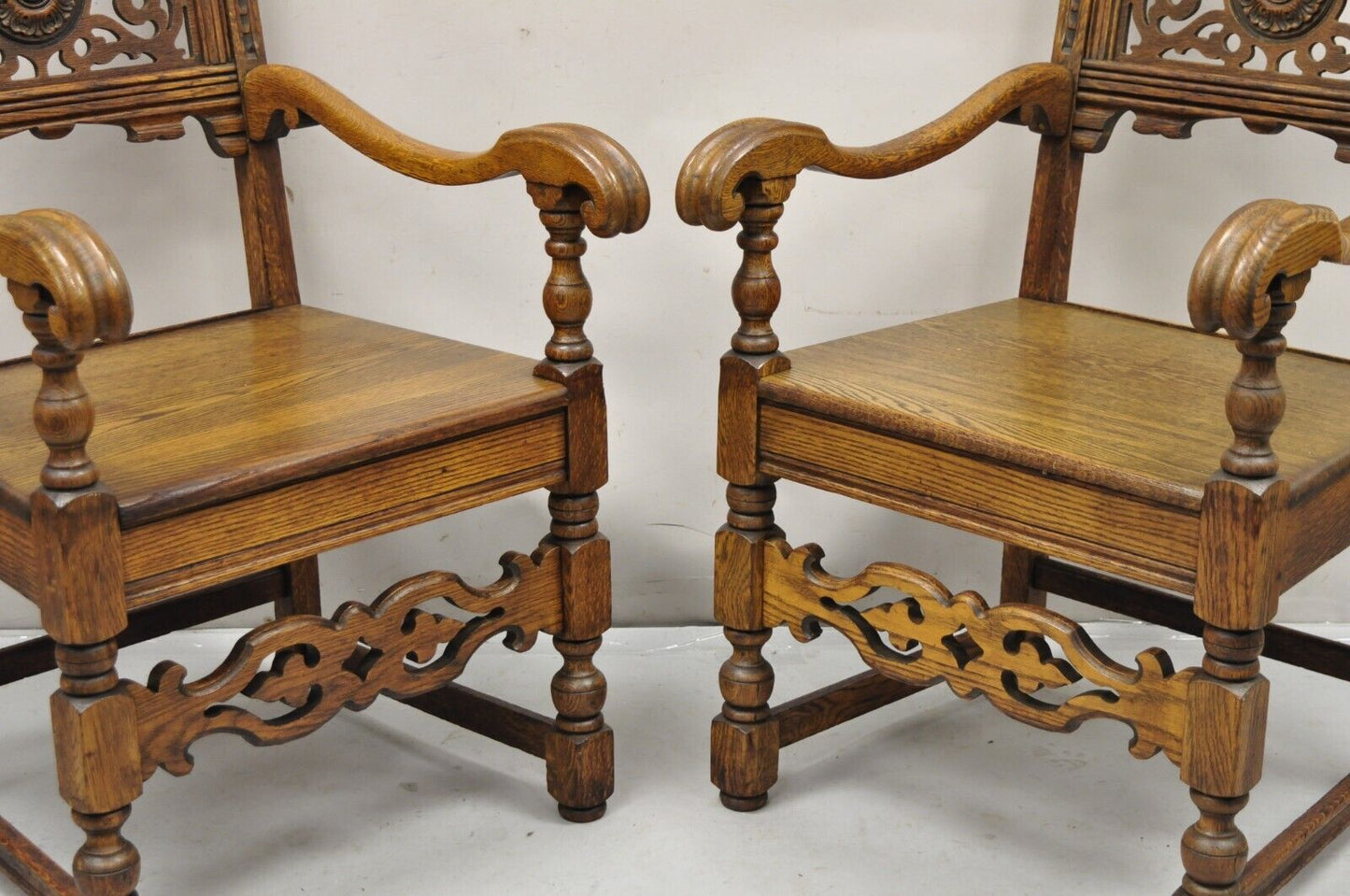 Antique Vanleigh Carved Oak Italian Renaissance Style Throne Arm Chairs - a Pair