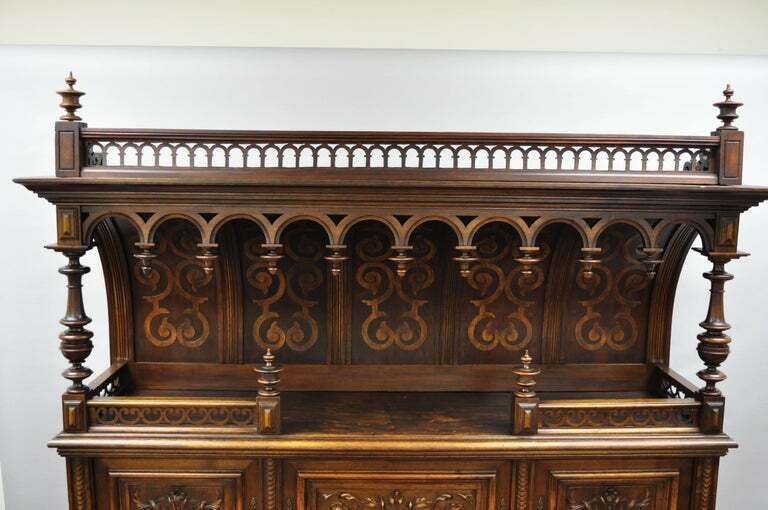 Gothic Renaissance Revival Carved Walnut Dragon Griffin Sideboard Hutch Cabinet