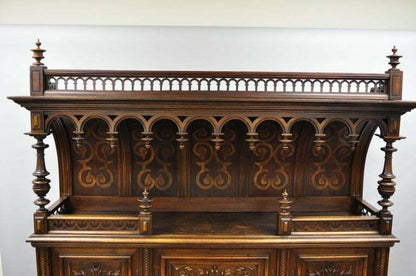 Gothic Renaissance Revival Carved Walnut Dragon Griffin Sideboard Hutch Cabinet