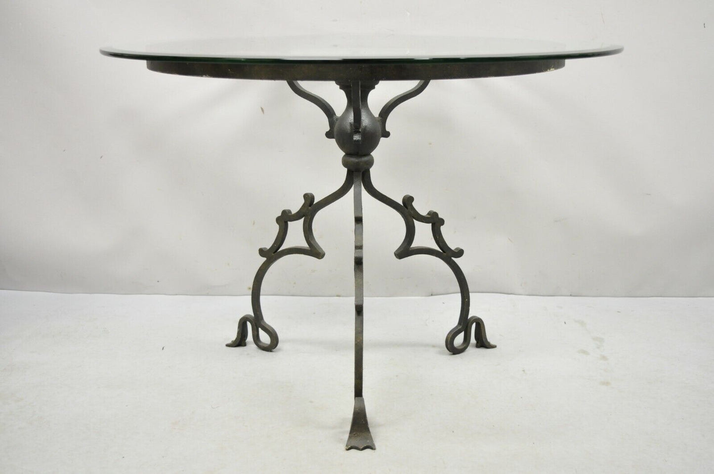 Wrought Iron Gothic Style Scrolling Base Round Glass Top Center Table