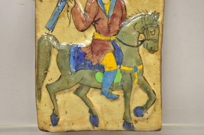 Antique Persian Iznik Qajar Style Ceramic Pottery Tile Horse Rider Blue Bird C5