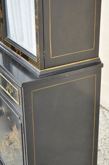 Vintage Chinoiserie Drexel Style Oriental Black Painted Glass Door China Cabinet