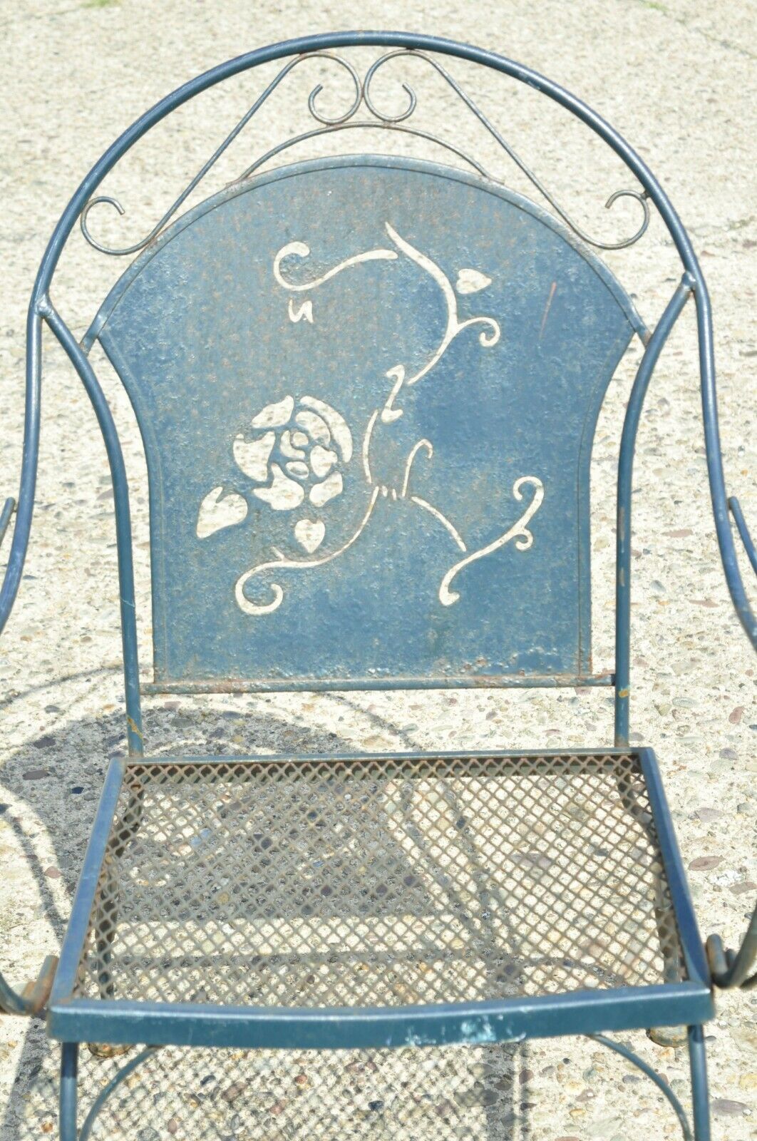 Vintage Mid Century Wrought Iron Pierced Rose Garden Patio Dining Arm Chair