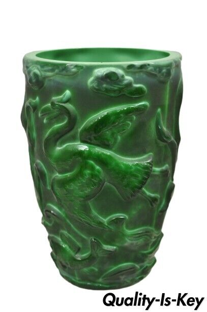Vintage Art Deco Green Glass "Malachite" Bird and Fish Vessel Vase