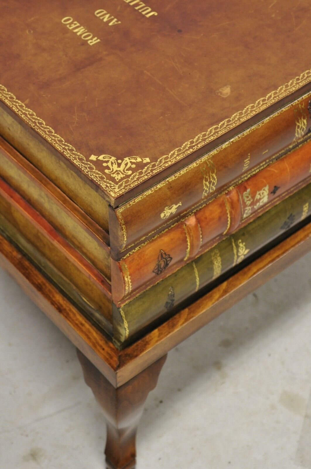 Vintage Italian Tooled Leather Stacked Book Storage Coffee Table Trunk on Base