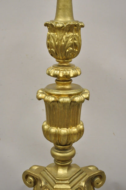 Large Antique 64" Caved Wood Gold Giltwood Empire Pedestal Candlestick Pricket