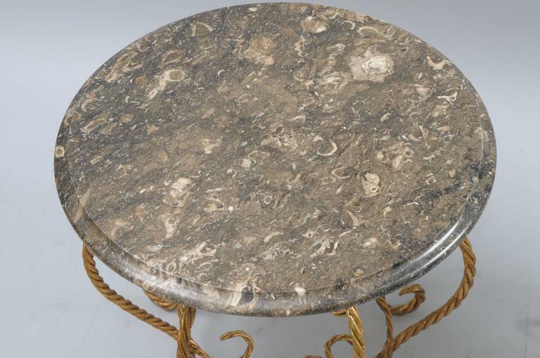 Pair Italian Hollywood Regency Gold Gilt Iron Rope Round Marble Top Low Tables