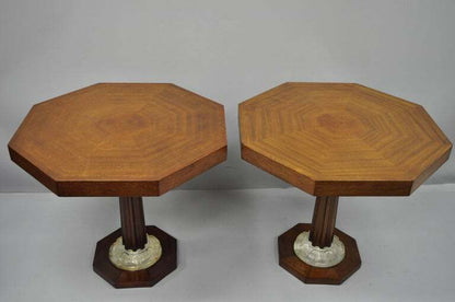 Pair of Art Deco Octagonal Mahogany & Lucite Pedestal Side Tables Grosfeld House