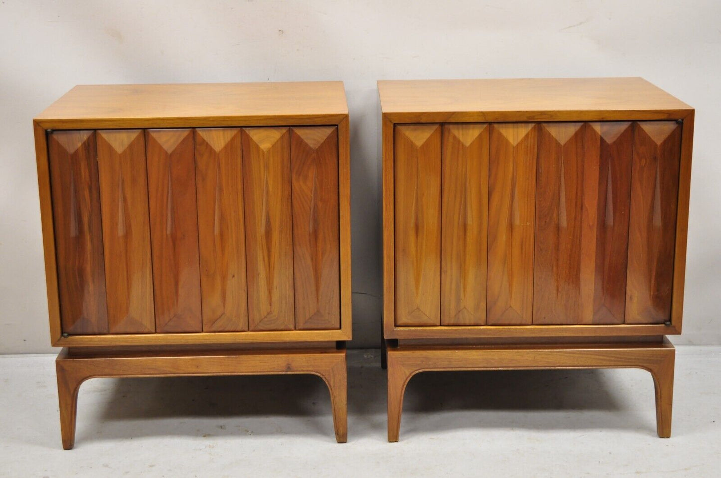 Albert Parvin Mid Century Modern Sculpted Walnut Diamond Facade Nightstand- Pair