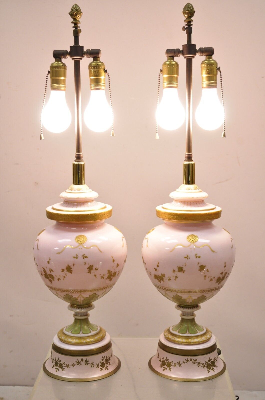 Antique French Pink Porcelain Hand Painted Bulbous Table Lamps - a Pair