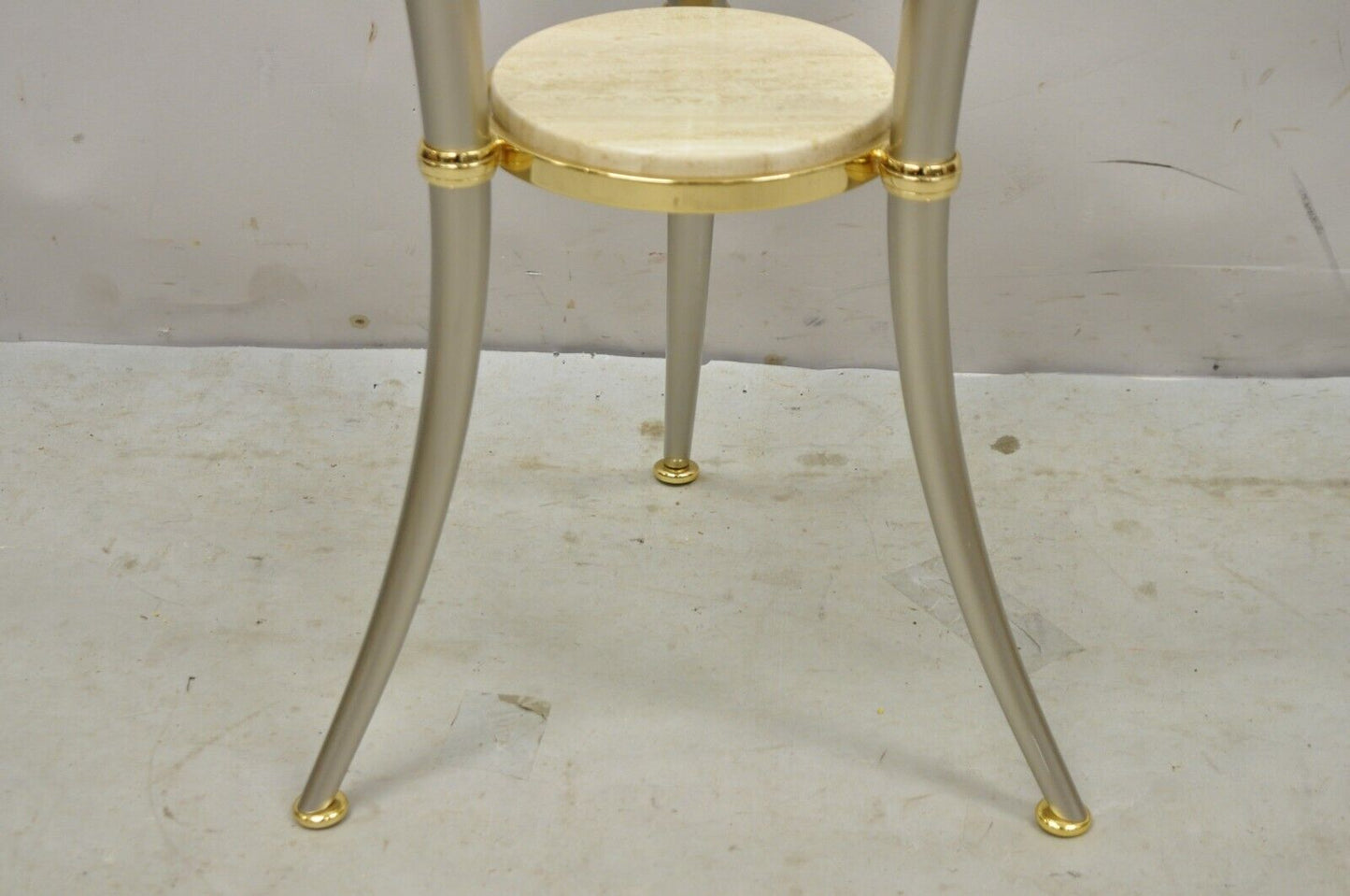 Italian Regency Style Steel and Brass Tripod Base Round Glass Top Side Table