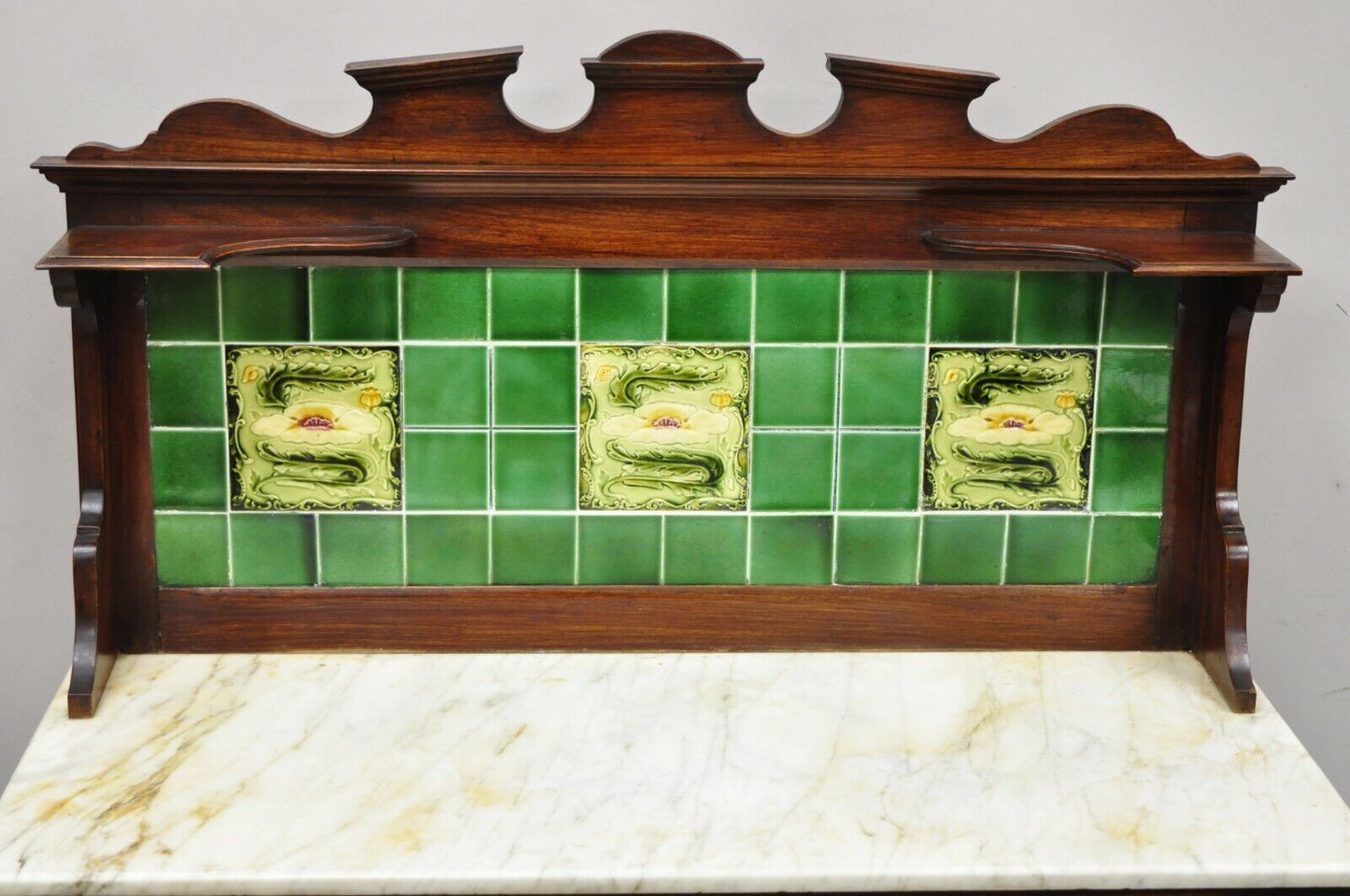 English Victorian Green Ceramic Tile Backsplash Marble Top Washstand Commode