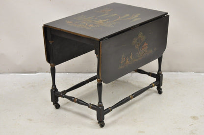 Antique Chinoiserie Asian Painted Small Black Dropleaf Side Table