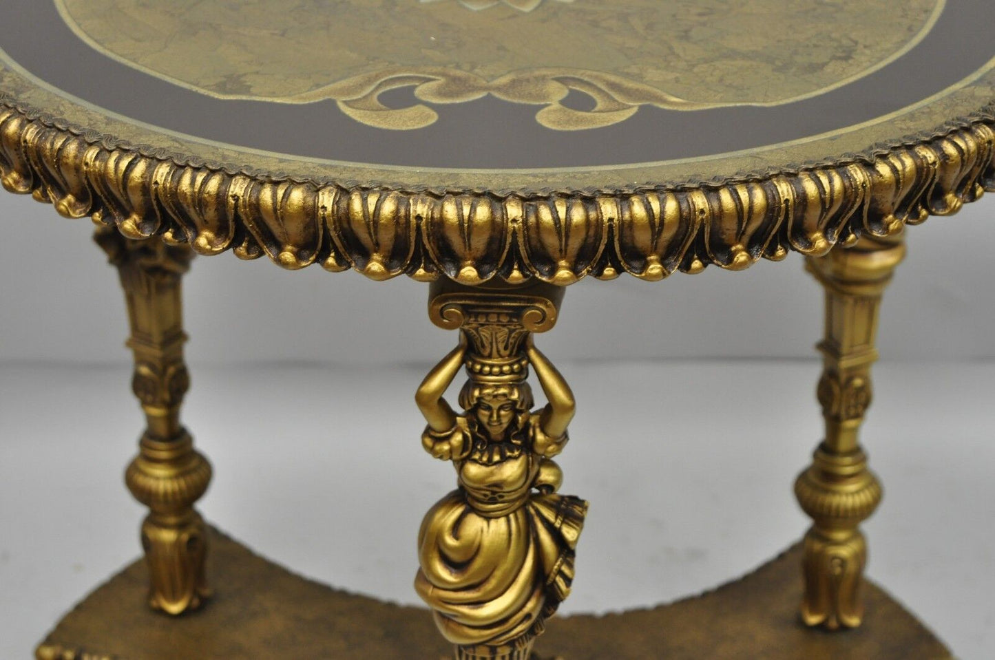 Vintage Gold Hollywood Regency French Style Female Figural Metal Side Table