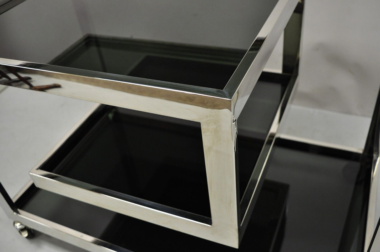 Mid Century Modern Milo Baughman Attr. 4 Tier Chrome Frame Smoked Glass Bar Cart