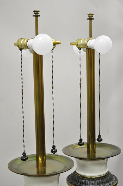Stiffel Italian Regency Large Porcelain Urn Brass Finish Tall Table Lamps - Pair