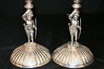 Antique Pair Figural Silverplate Cupid Cherub Adorable Candelabras Candleholders