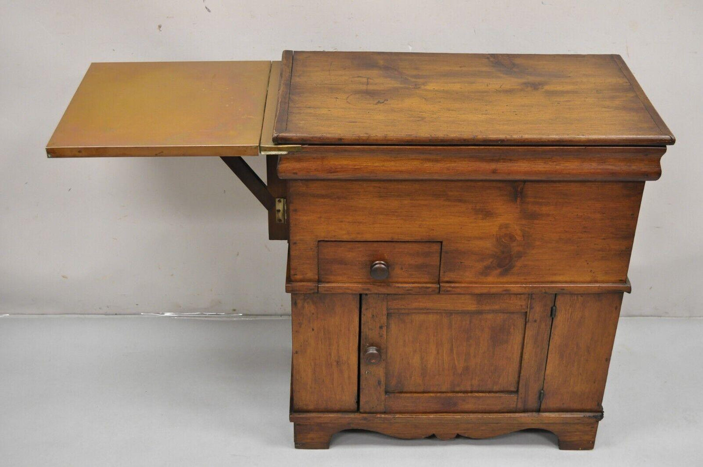 Antique Pine Wood Lift Top Copper Lined Dry Sink with Copper Drop Side Surface