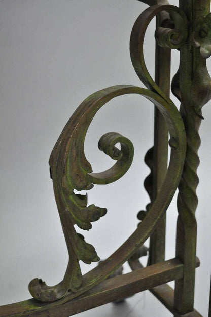 French Art Nouveau Green Wrought Iron Marble Top Scrolling Console Hall Table