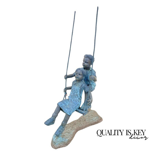 Bronze Boy and Girl Children Swinging Garden Outdoor Statue Sculpture