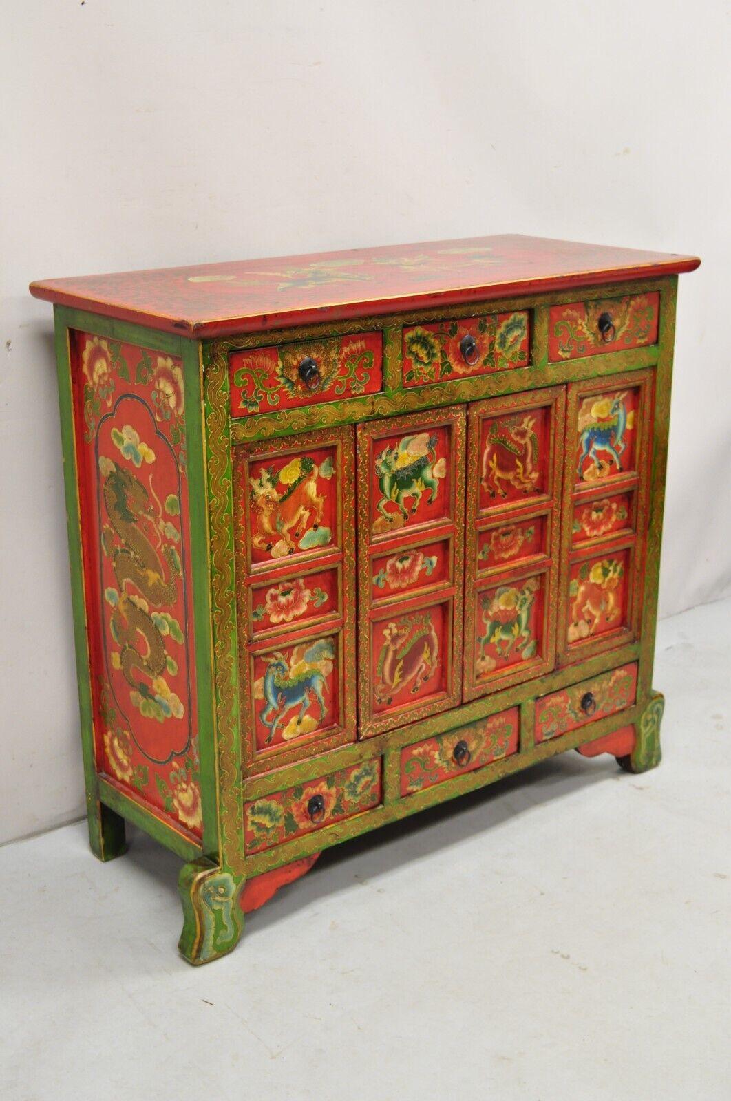 Tibetan Red and Green Hand Painted Wooden Buffet Cabinet Chest w/ Horse & Dragon