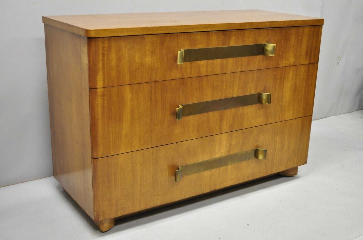 John Stuart Mid Century Modern Art Deco Birch Dresser with Sculpted Bronze Pulls