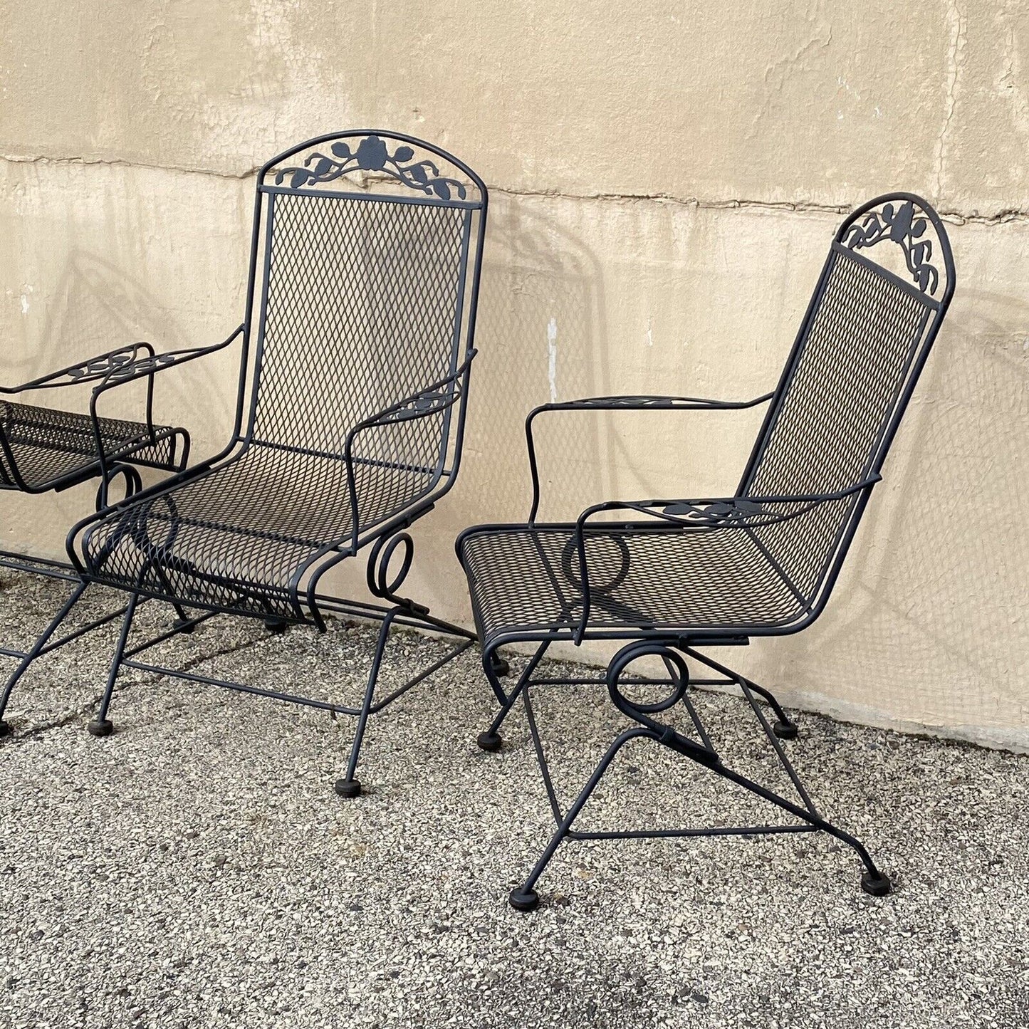 Vintage Woodard Wrought Iron Rose Pattern Springer Patio Arm Chairs - Set of 4