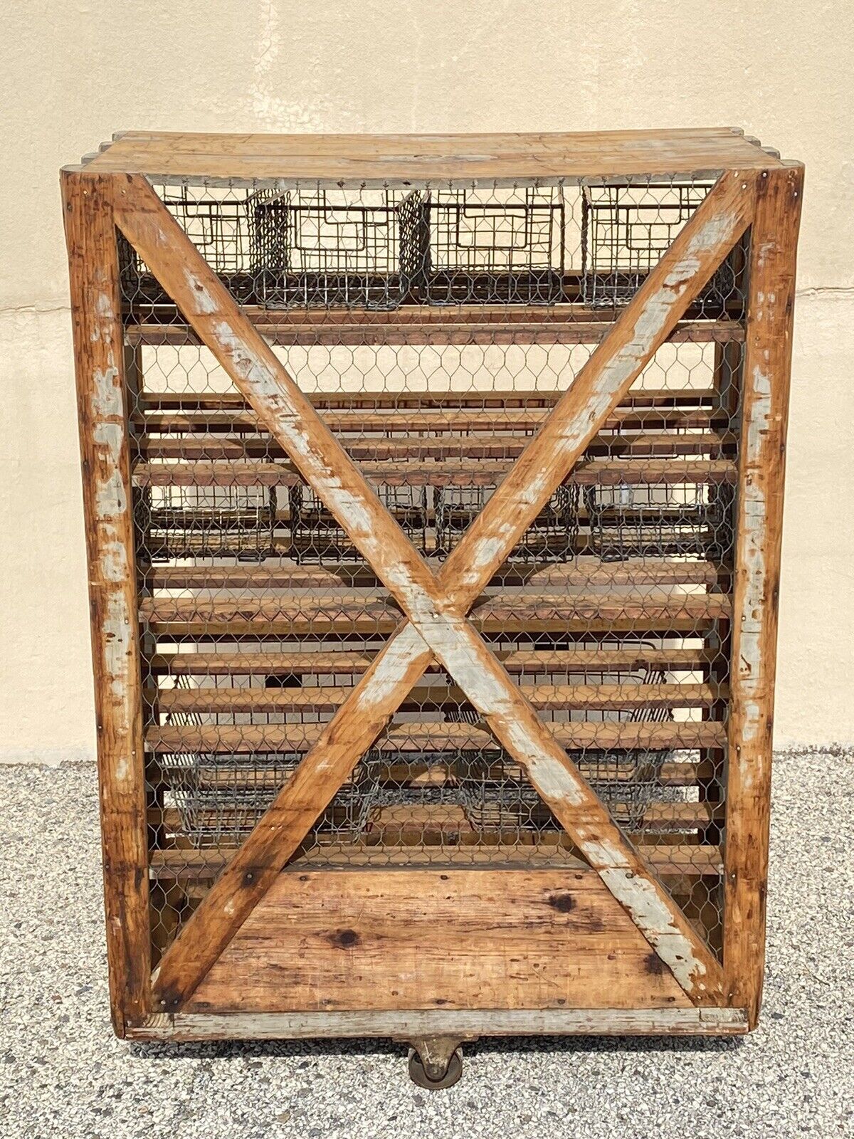 Antique American Industrial Wooden Rolling Shelf Storage Cart Distressed Gray