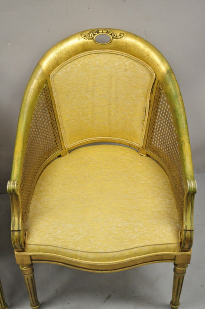 French Hollywood Regency Gold Gilt Barrel Back Cane Lounge Chairs - a Pair