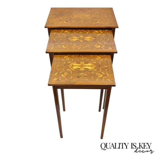 Antique Dutch Marquetry Inlay Mahogany Nesting Side Tables - 3 Pc Set