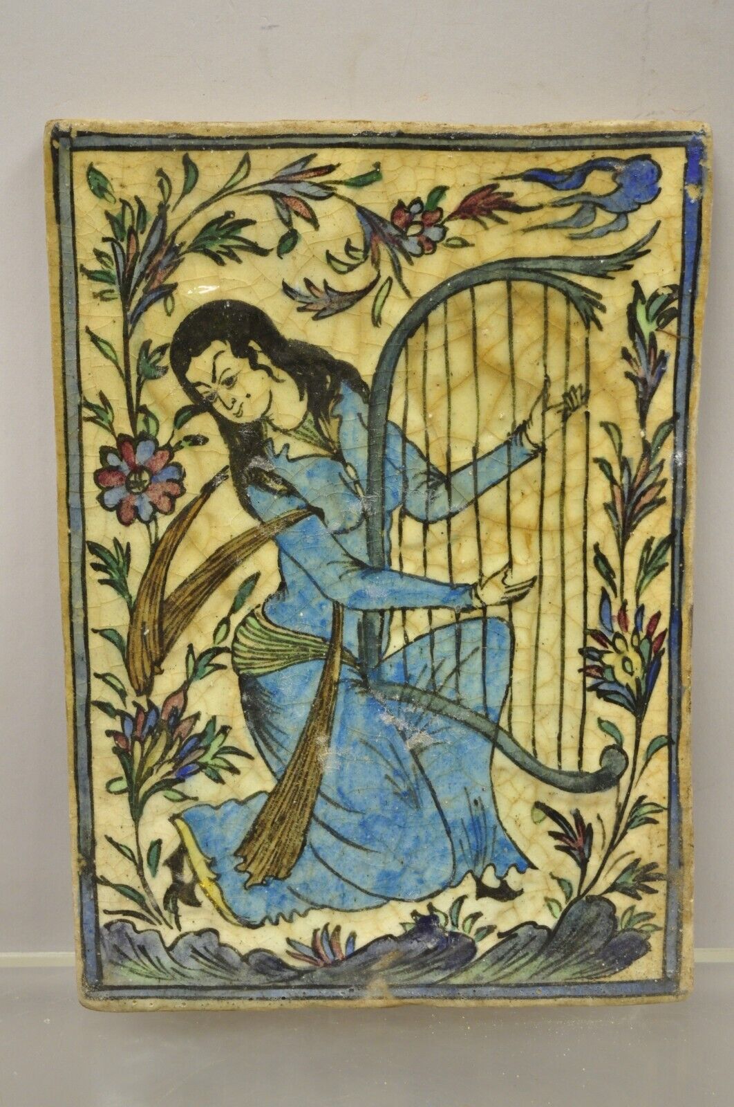 Antique Persian Iznik Qajar Style Ceramic Pottery Tile Woman Playing Harp C1