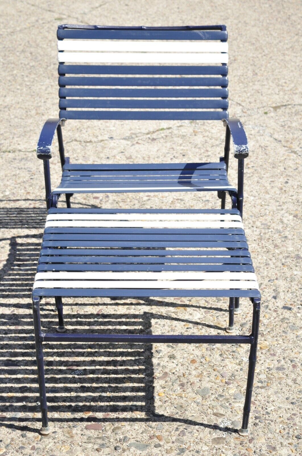 Vintage Faux Bamboo Aluminum Vinyl Straps Blue Patio Lounge Chair and Ottoman