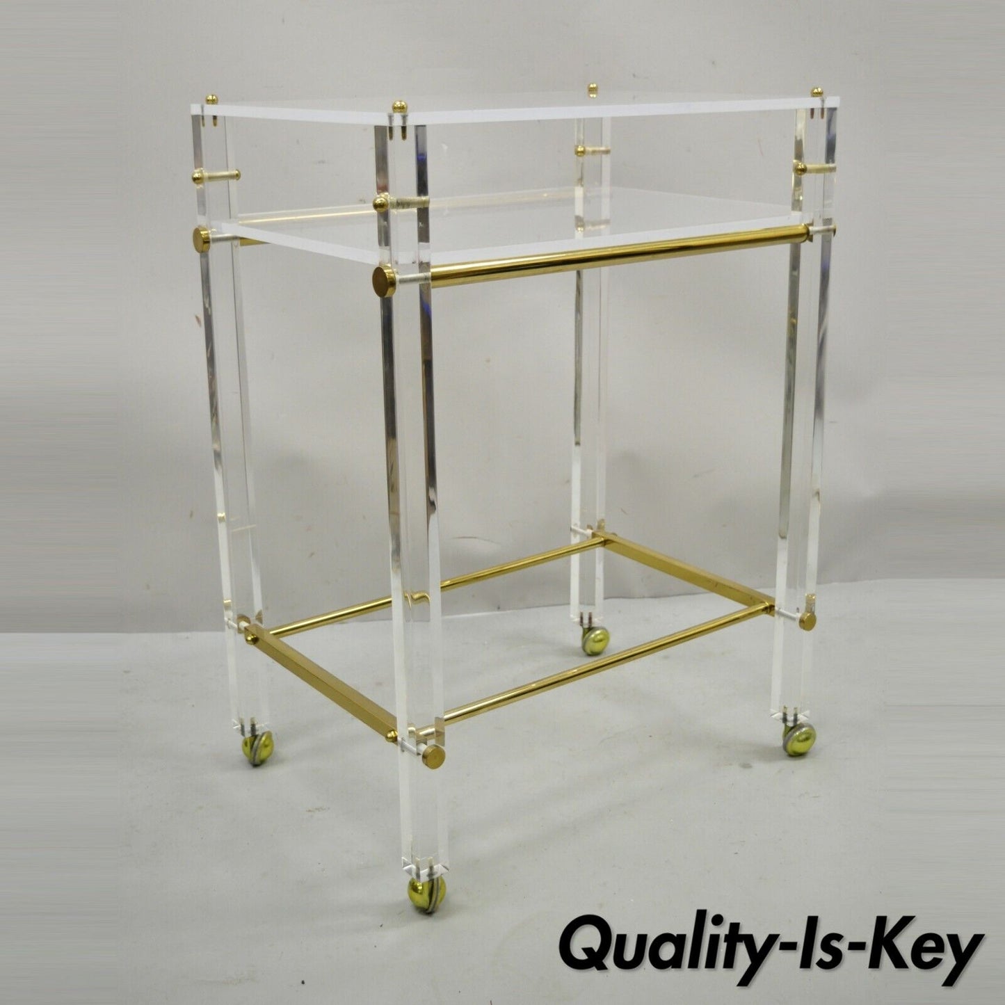 Lucite and Brass Mid Century Modern Rolling Bar Cart Trolley Tea Table Stand